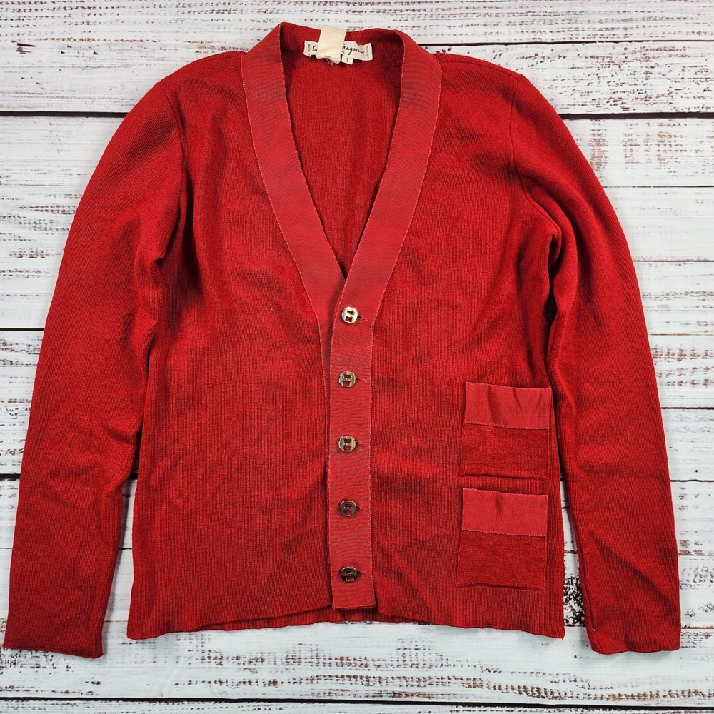 Salvatore Ferragamo Cardigan Sweaterโ Womens S Red 100% Wool Knit Vintage Italy